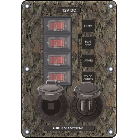 BLUE SEA SYSTEMS 4324 Circuit Breaker Switch Panel 4 Postion - Camo w/12V Sock 4324